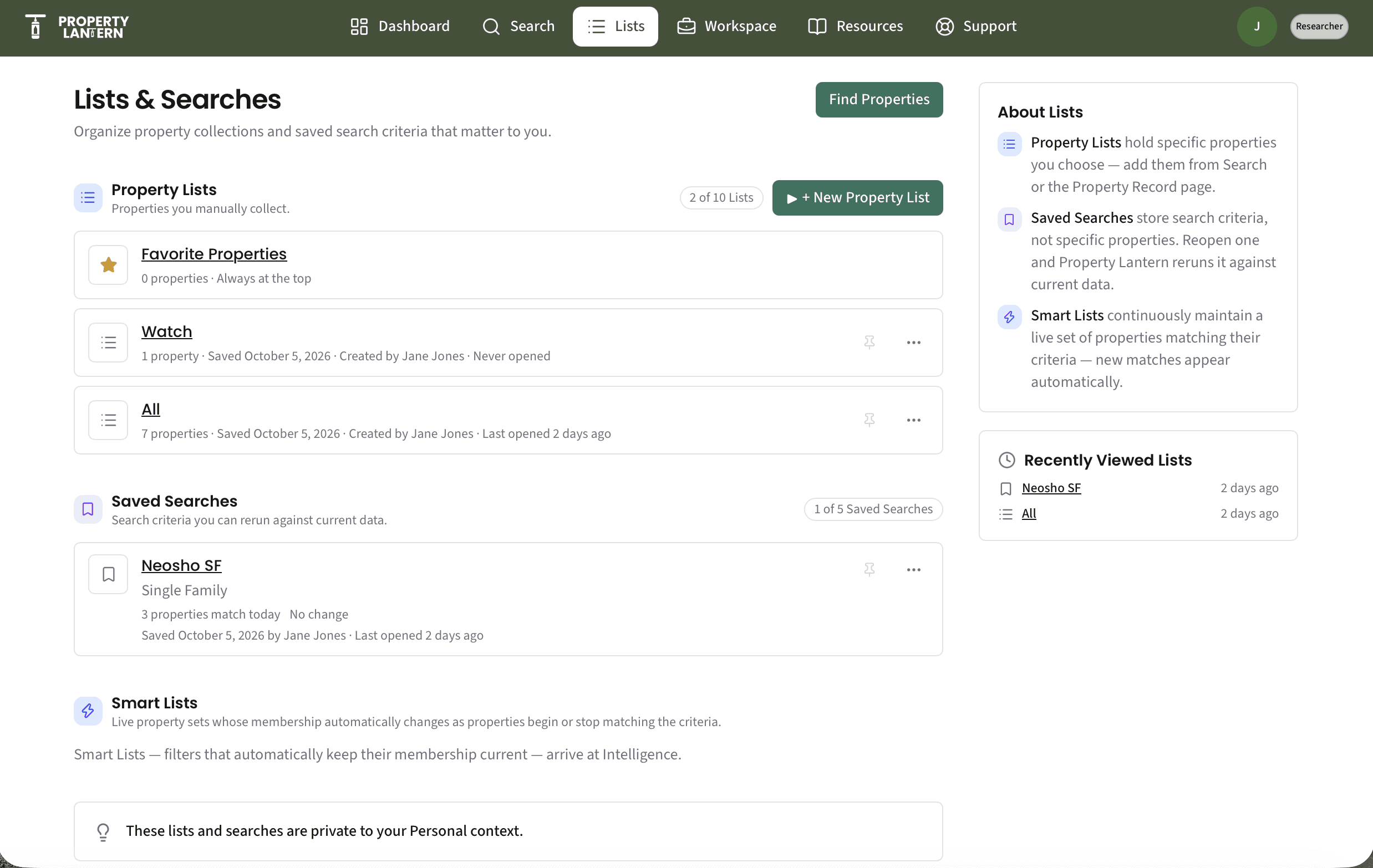 Property Lantern lists and saved searches page