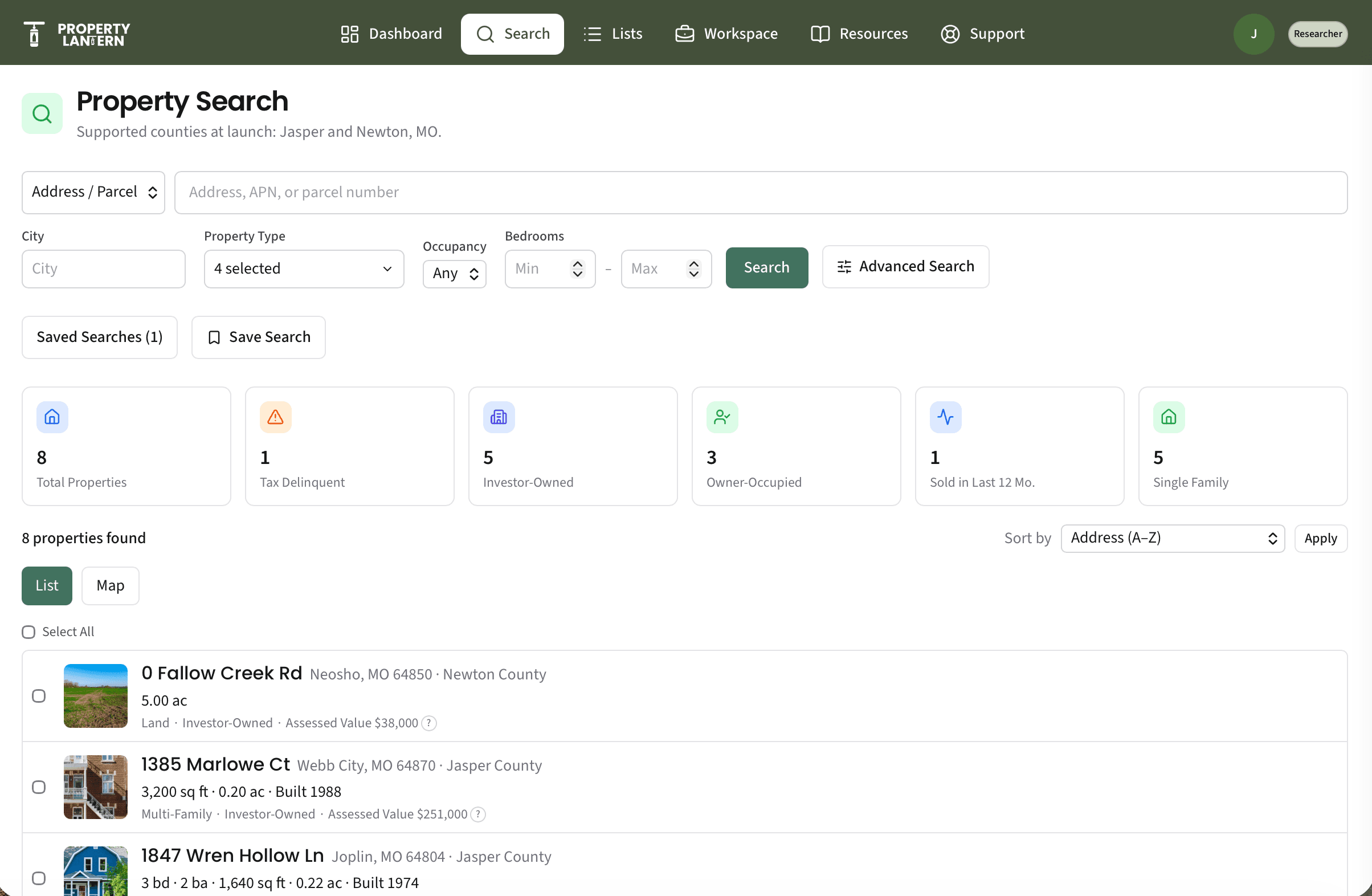 Property Lantern property search with filters, summary stats, and a list of results with photos